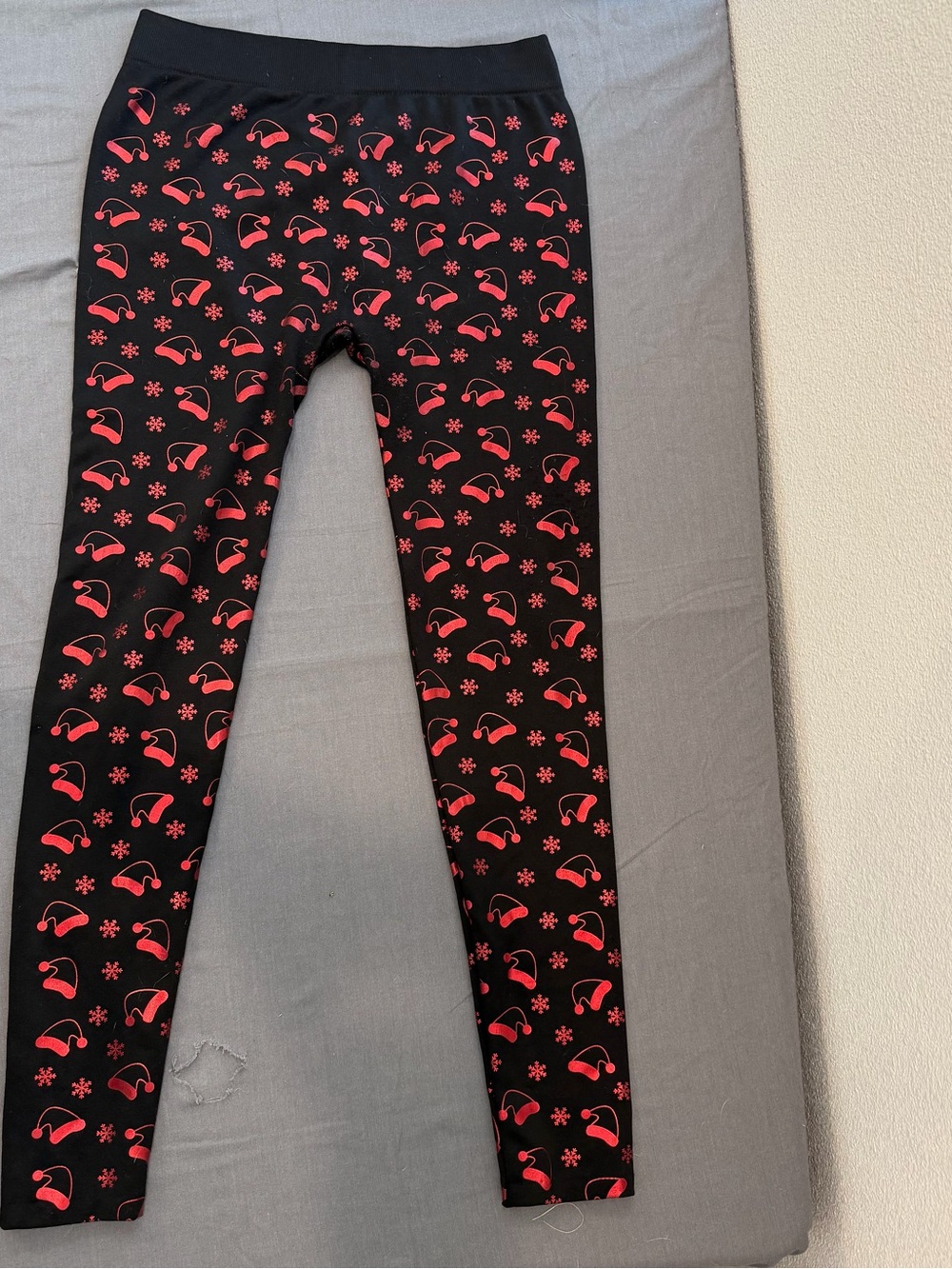 Women's Black Leggings with Red Holiday Hat Print